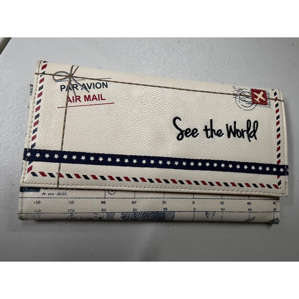 World Map Travel Passport Wallet Document Organizer Cream Blue Vintage Style